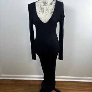 Fashion Nova Kallan Knit Dress Womens 1XL Black Ribbed Deep V Neck Maxi Long